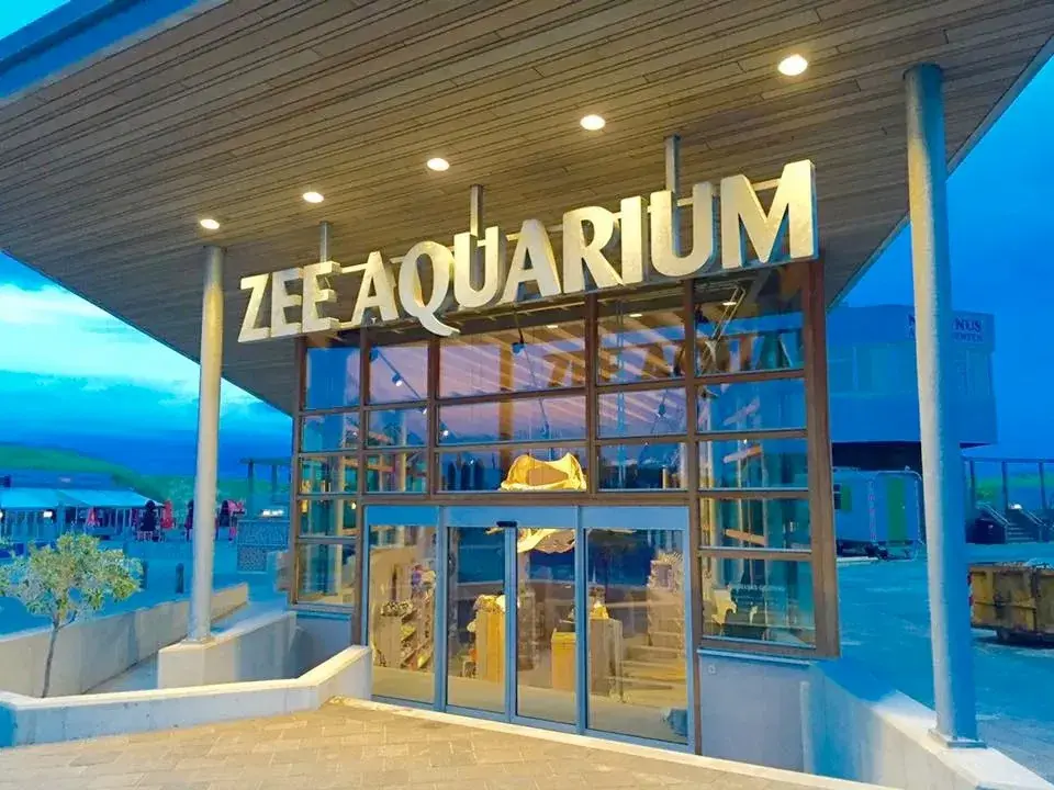 Entrance of the Zeeaquarium in Bergen aan Zee at dusk